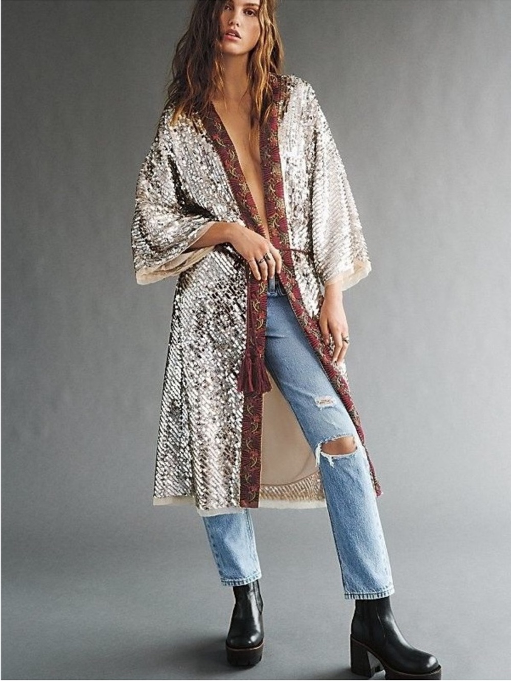 Free People Light Is Coming Silver Sequin Fringe Belted Kimono Duster Large